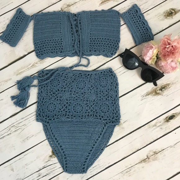 Sexy Blue High Waist Crochet Bikini w/ Corset Top - Picture 5 of 11